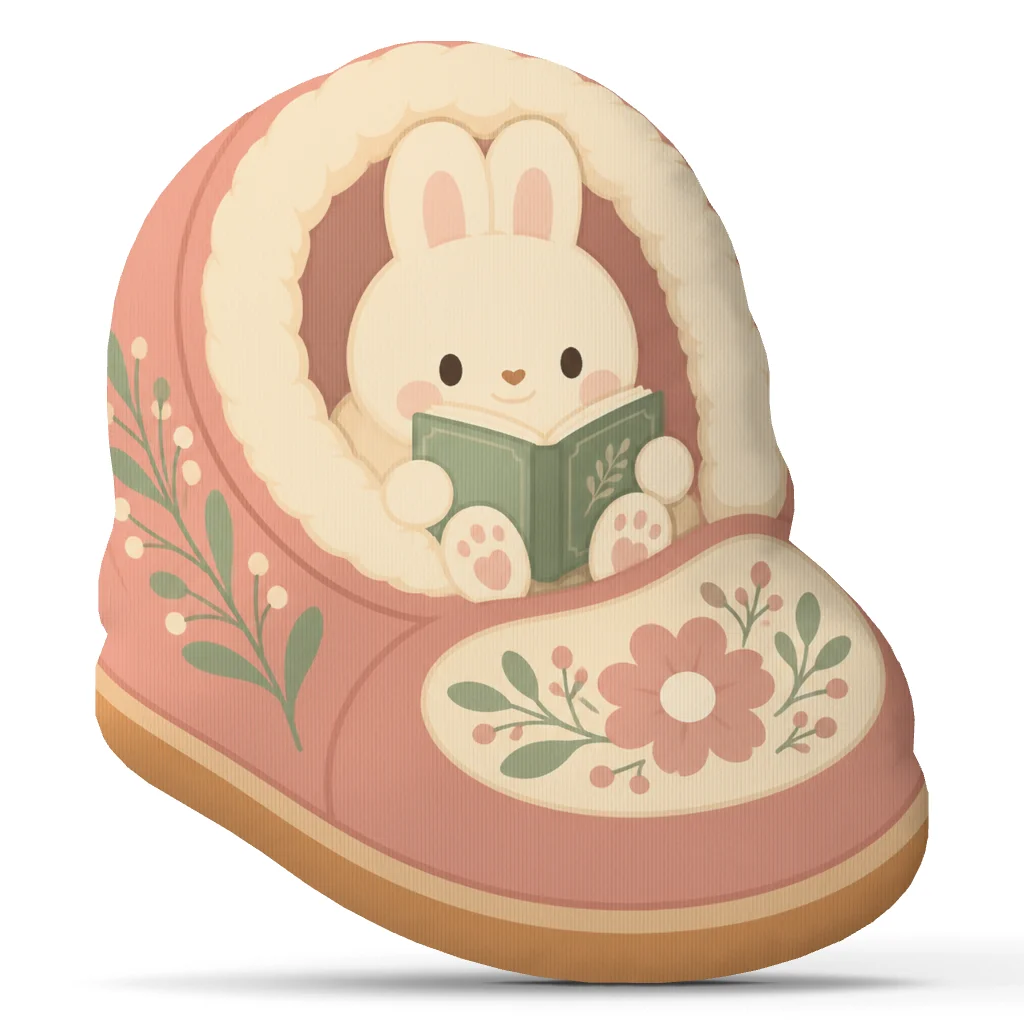Reading Bunny Slipper Pillow Book Lover Cushion Cottagecore Plush Stuffed Throw Pillow Floral Bedroom Decor Gift for Readers