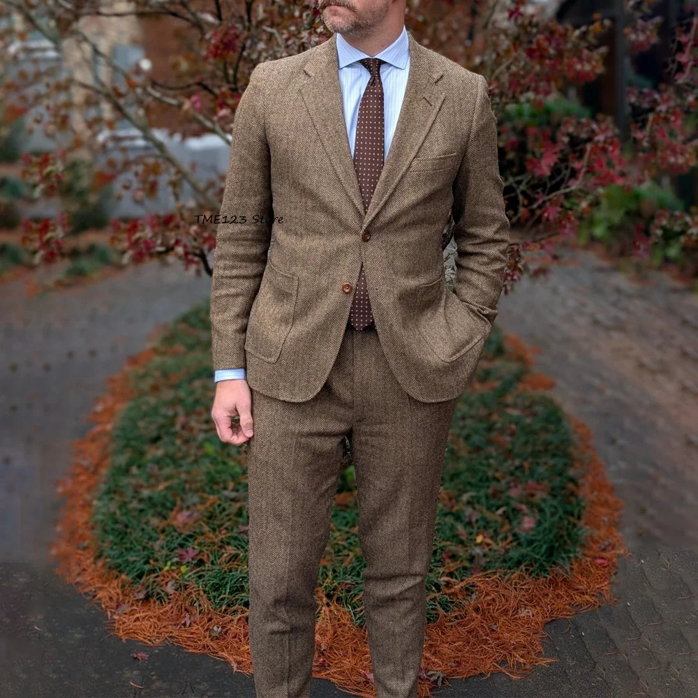 

Мужской деловой повседневный костюм-двойка в стиле кэжуал, однобортный, модный, из винтажной ткани «ёлочка»