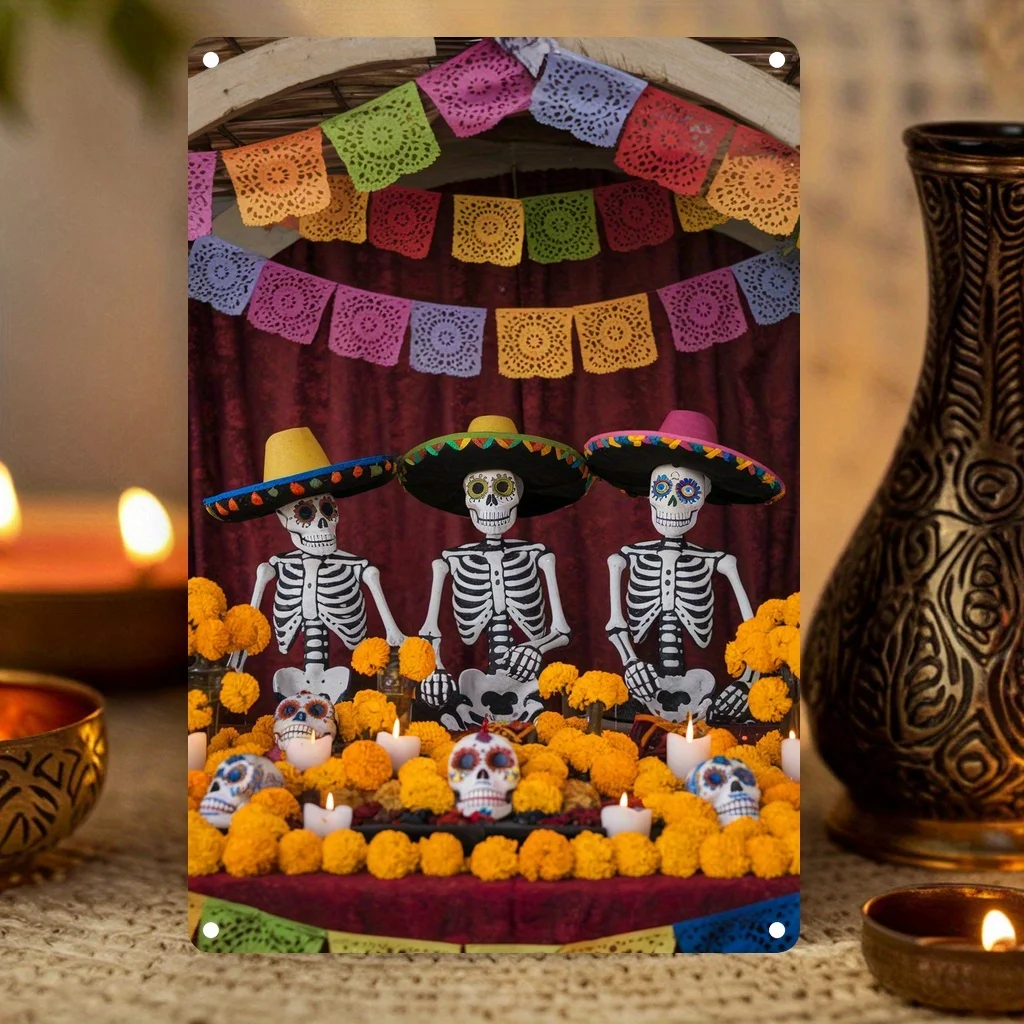 Day of the Dead Metal Sign - Día De Los Muertos Skeletons with Sombreros & Marigolds, Tin Wall Decor for Home