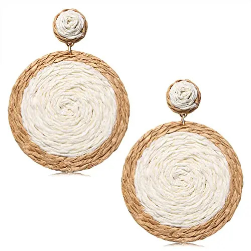 Summer Beach Round Raffia Stud Earrings White Hand Wound Rattan Grass Ball Stud Earring for women Holiday Jewelry Gift