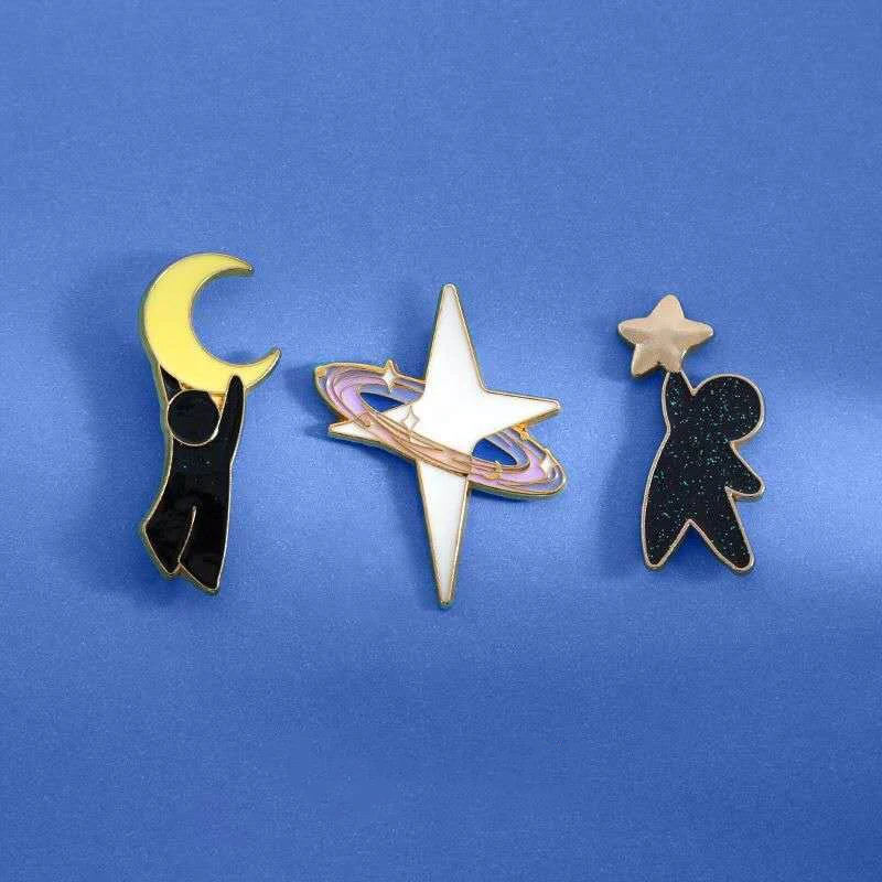 Enamel Pins Cute Reach for Stars Moon Galaxy Space Lapel Pins Aesthetic Backpack Clothing Accessories Decorative Metal Badge