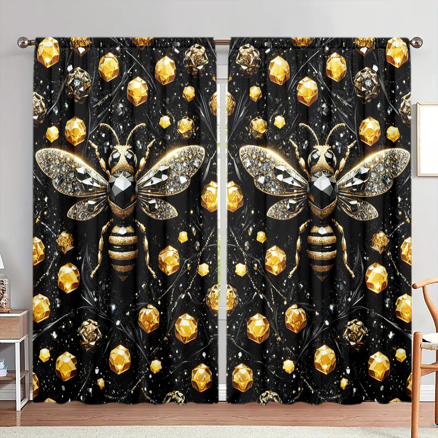 

2pcs Luxurious Bee Gem Printed Curtain for Home Decor - Rod Pocket Window Treatment for Bedroom, Office, Kitchen, Living Room
