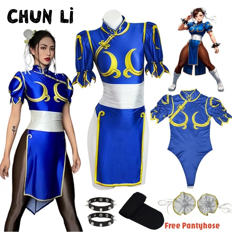 Disfraz de Cosplay Street Fighter Chun Li para Mujer Juego de Lucha Cheongsam Azul con Tocada y Cinturón Halloween