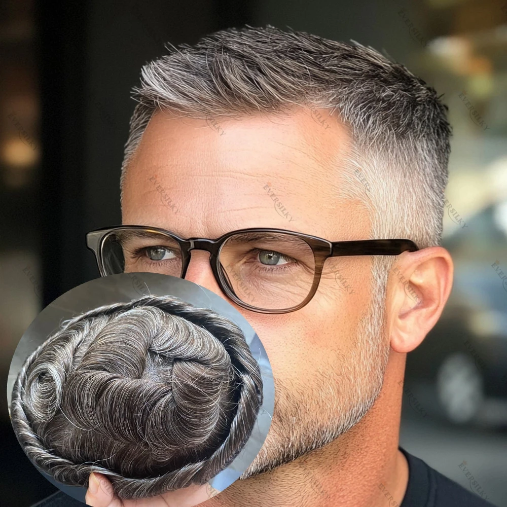 240# Brown Grey Human Hair Toupee for Bald Man Thinnest Skin PU Base Invisible Natural Hairline Prosthetic Hairpieces 90%Density