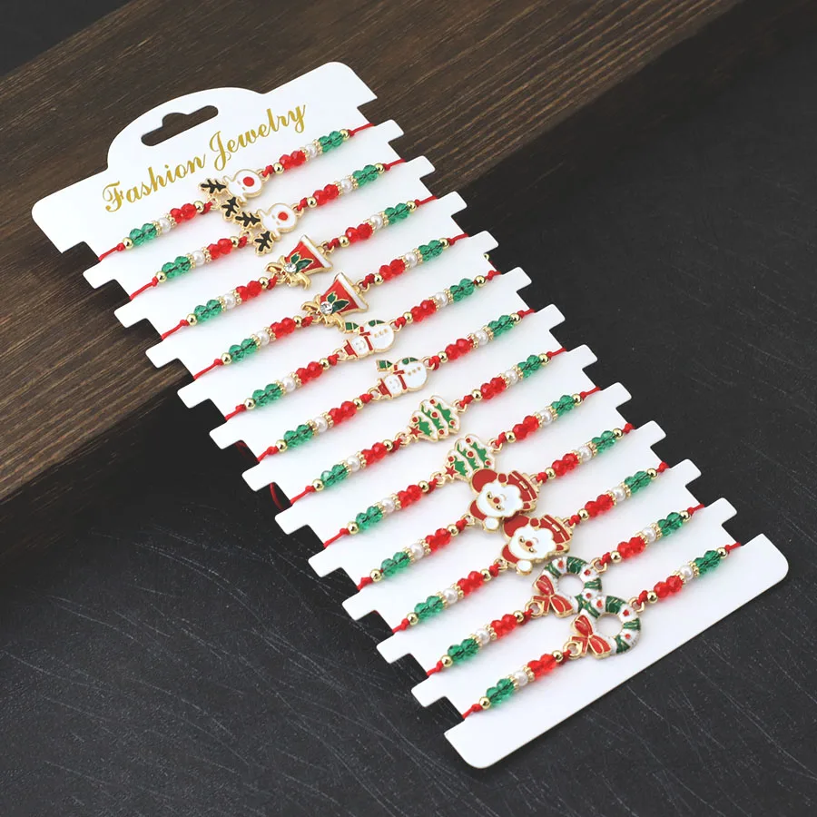Economic 12Pcs/Dozen Christmas Series String Bracelet Unisex Adjustable Knot Festival Elements Braslet Party Friendship Jewelry