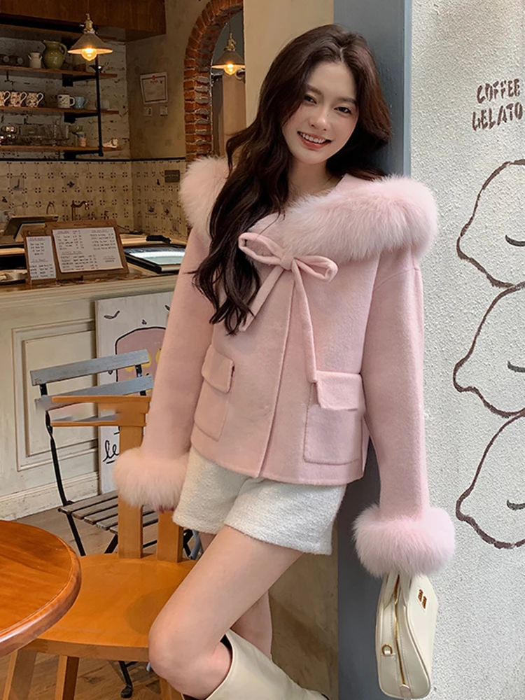 

Fashion New Women Winter Natural Fox Fur Cuffs Collar Coat Cashmere Wool Jacket Woolen Real Ladies Outwear Female Coat