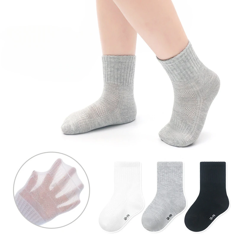 3 Pairs of Thin Cotton Breathable High Rubber Student Socks Small Medium Large Boys Girls Sock Black White Gray Mesh Short Sock