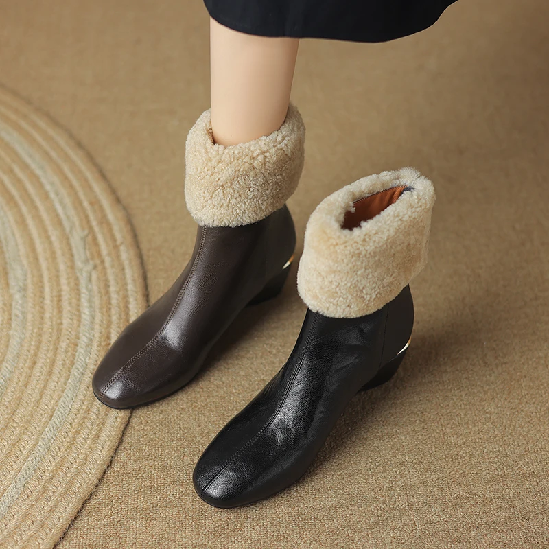 

Women Ankle Boots Round Toe Autumn Spring Basic Shoes Wedge Heel Retro Short Botas Ladies Shoes Sheepskin Elegant Botas