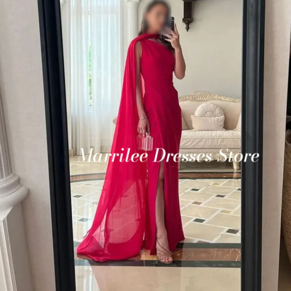 

Marrilee Customize Red One Shoulder Chiffon Prom Dresses Simple A-line High Side Slit Sleeveless Evening Gown vestidos de fiesta