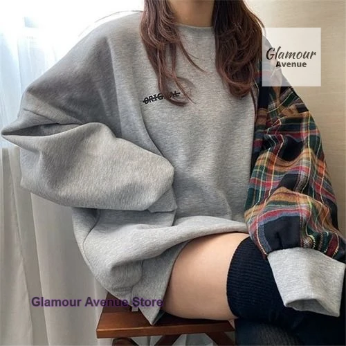 Korean style round neck plaid splicing letter printing pullover sweater women's spring and autumn loose fashion design top