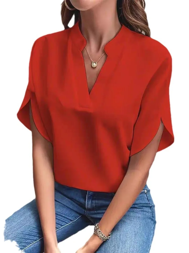 カジュアル Vネック レディース シンプル 無地 ルーズフィット オルト スベ 日常着 夏 ファッション レディース プレミアム品質 トップス