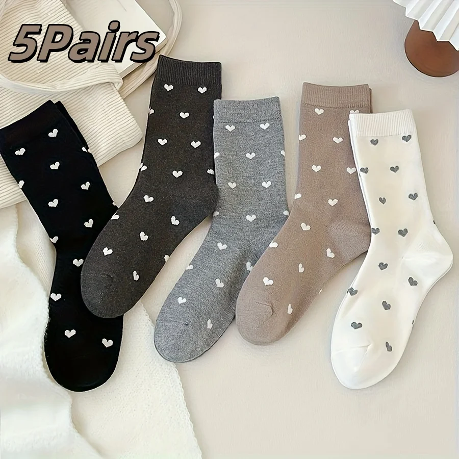 5 Pairs Women'S Warm Winter Color Heart Pattern Jacquard Comfortable Soft Literary Casual All-Match Sweet Fashion Mid-Calf Socks