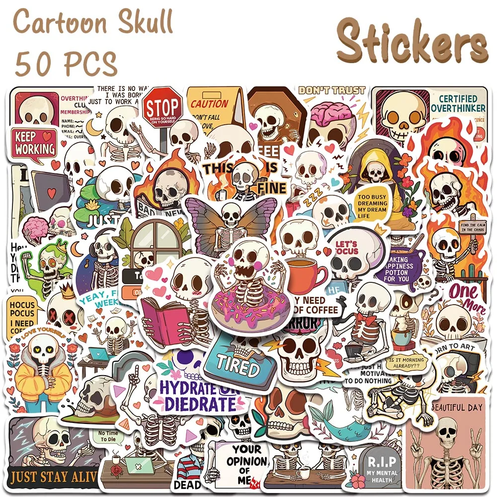 50pcs Cartoon Cute Skull Stickers Mental Health Awareness Stickers For Phone Loptop Suitcase Guitar Skateboard DIY Graffiti Gift