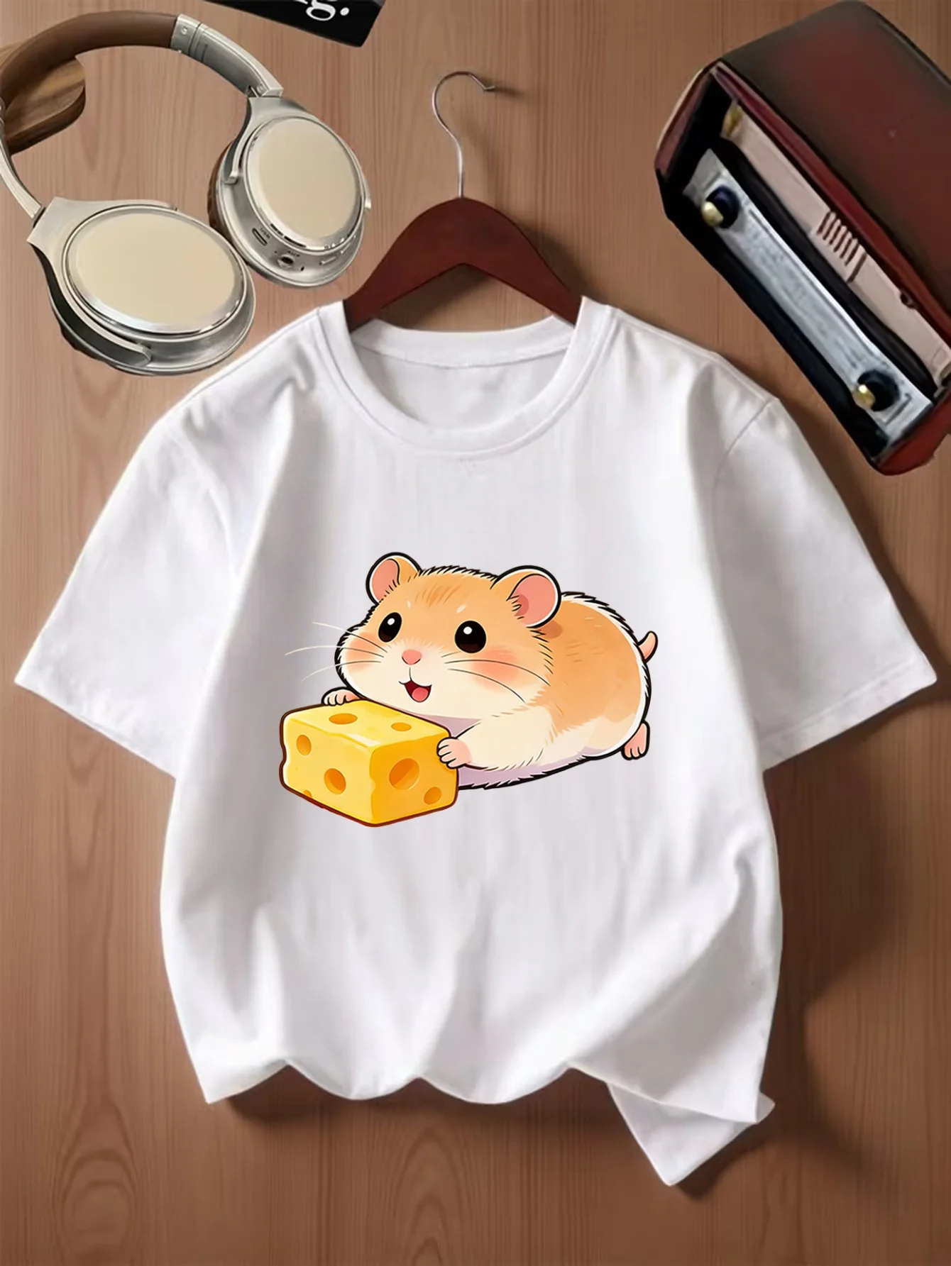 Kawaii Little Hamster With Cheese Animal Print Kids T Shirt Boys Girls Family Matching Parent Child Summer Crew Neck Casual Tee