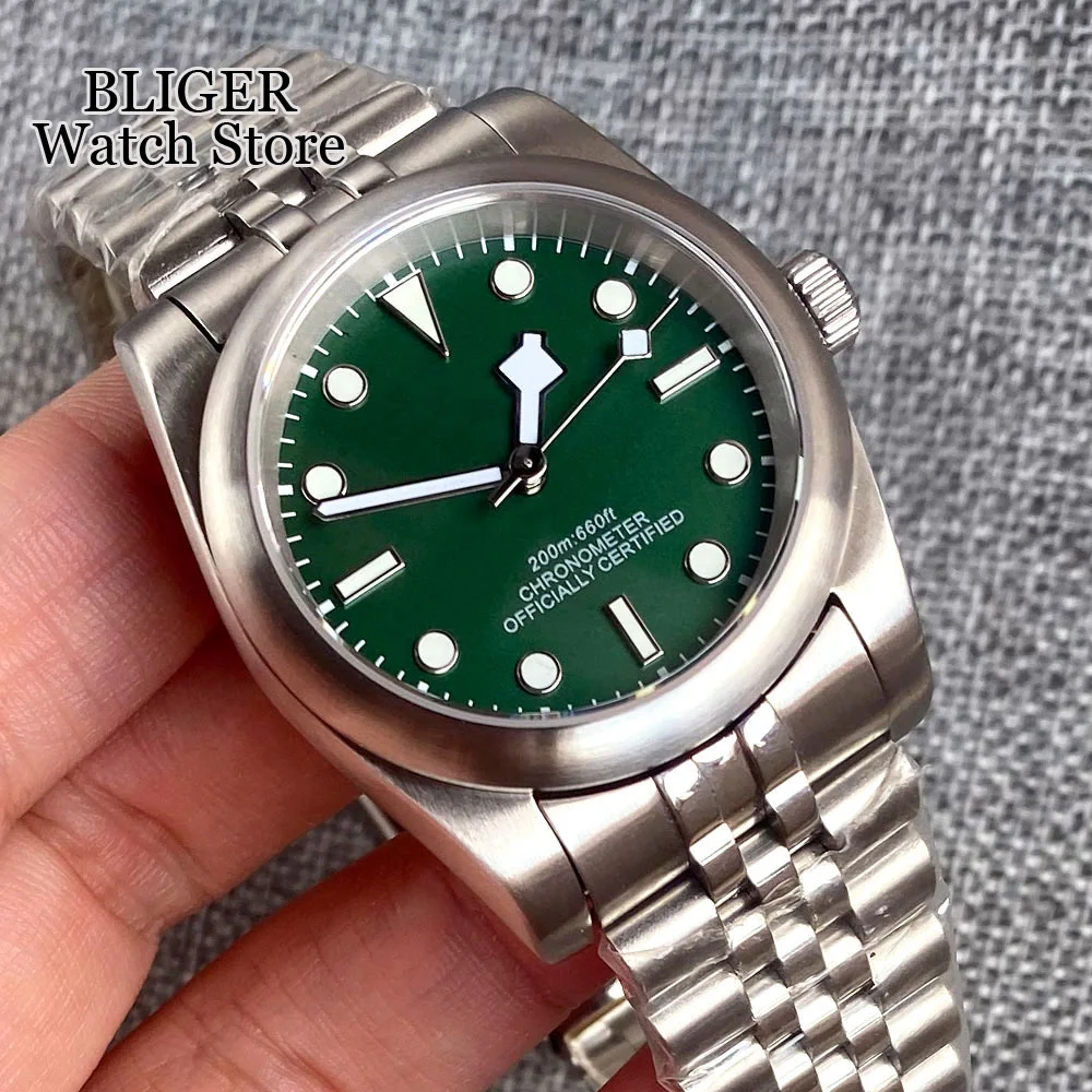 BLIGER 36mm 39mm Brushed Case Automatic Men Watch NH35A PT5000 Luminous Snow Flake Hand Sapphire Steel Bracelet Blue Green dial