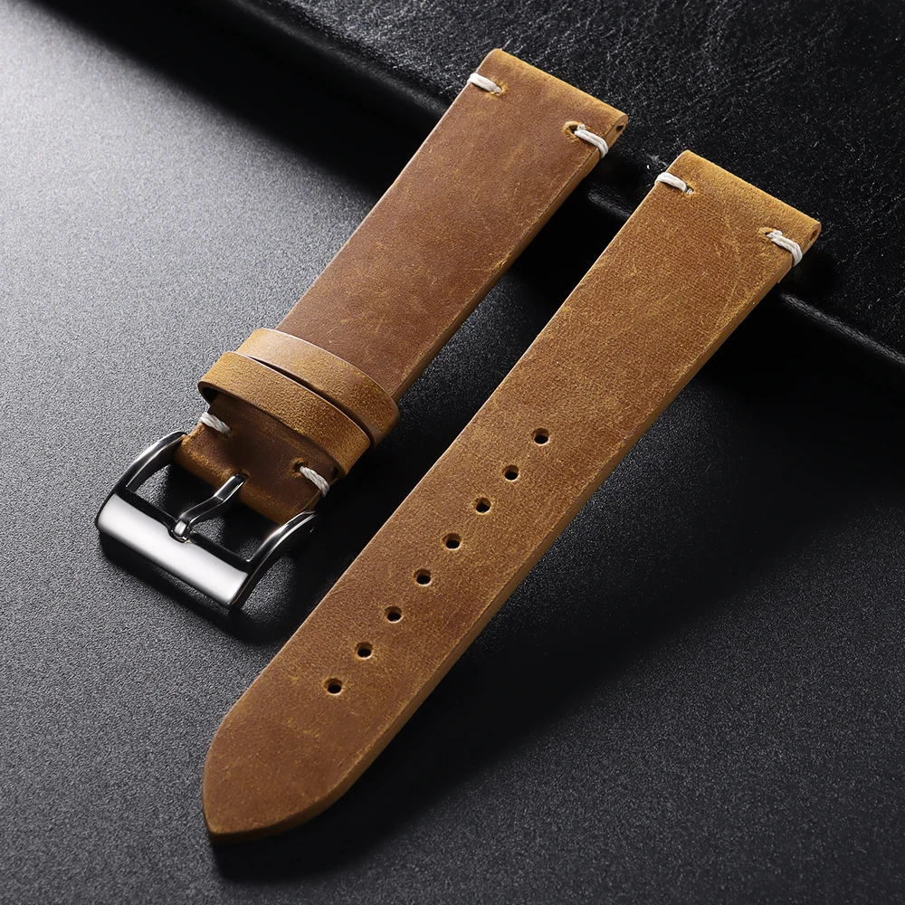 18mm 20mm 21mm 22mm Öl-Wachs-Leder-Uhrenarmband Braun Weiches Vintage-Armband für Herren Handgefertigtes Genähtes Rindslederband für Omega-Uhren – Detail 9