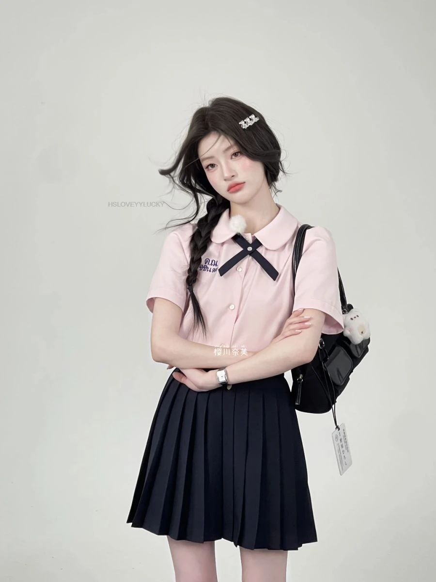 

Корейский униформа колледжа Jk, милый костюм для девочек, весна-лето, розовый костюм Jk, рубашка с короткими рукавами, плиссированная юбка сзади, два комплекта