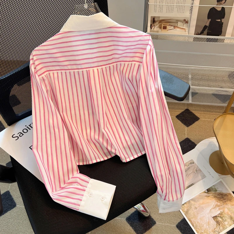 Bomon Korean version pink striped short lapel shirt women 2024 spring and autumn new advanced pocket long sleeve loose shirt