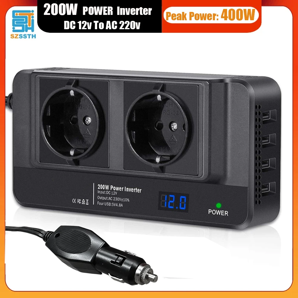 Car 200W Inverter DC To AC 12V to 220V 4 USB AC EU Socket Auto Mounted Inverter Accessories Cigarette Lighter 400W Peak Power