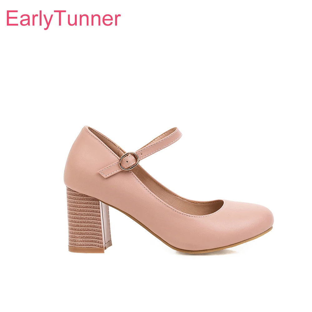 2026 Autumn Fashion Women Pumps Round Toe High Block Heels Lady Formal Shoes Large Plus Size 11 43 46 Ankle Strap