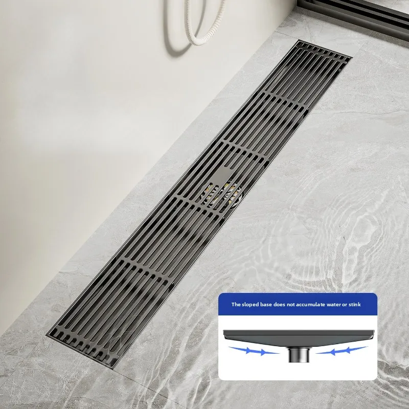 Curled edge with slope, long strip floor drain, stainless steel gray, high displacement, odor and insect proof, toilet drainage