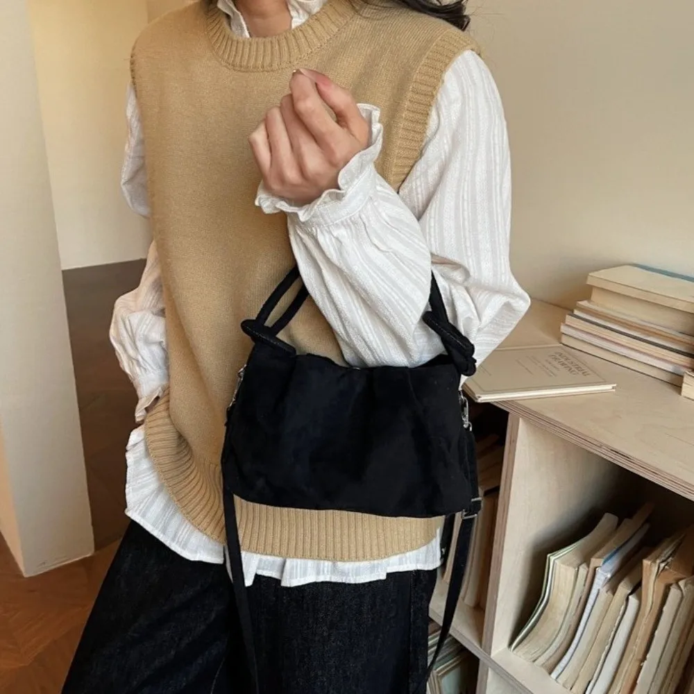 Casual Solid Color Suede Crossbody Bag With Handle Texture Single Shoulder Bag Phone Purse Korean Style Women Handbag Girl