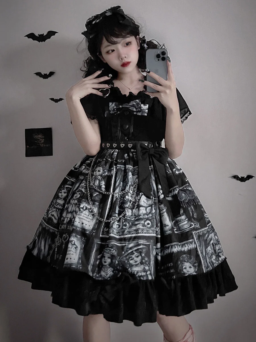 Gothic Lolita Dress Dark 12 O'clock Doll Bows Ruffles Lolita JSK Dress with Belt