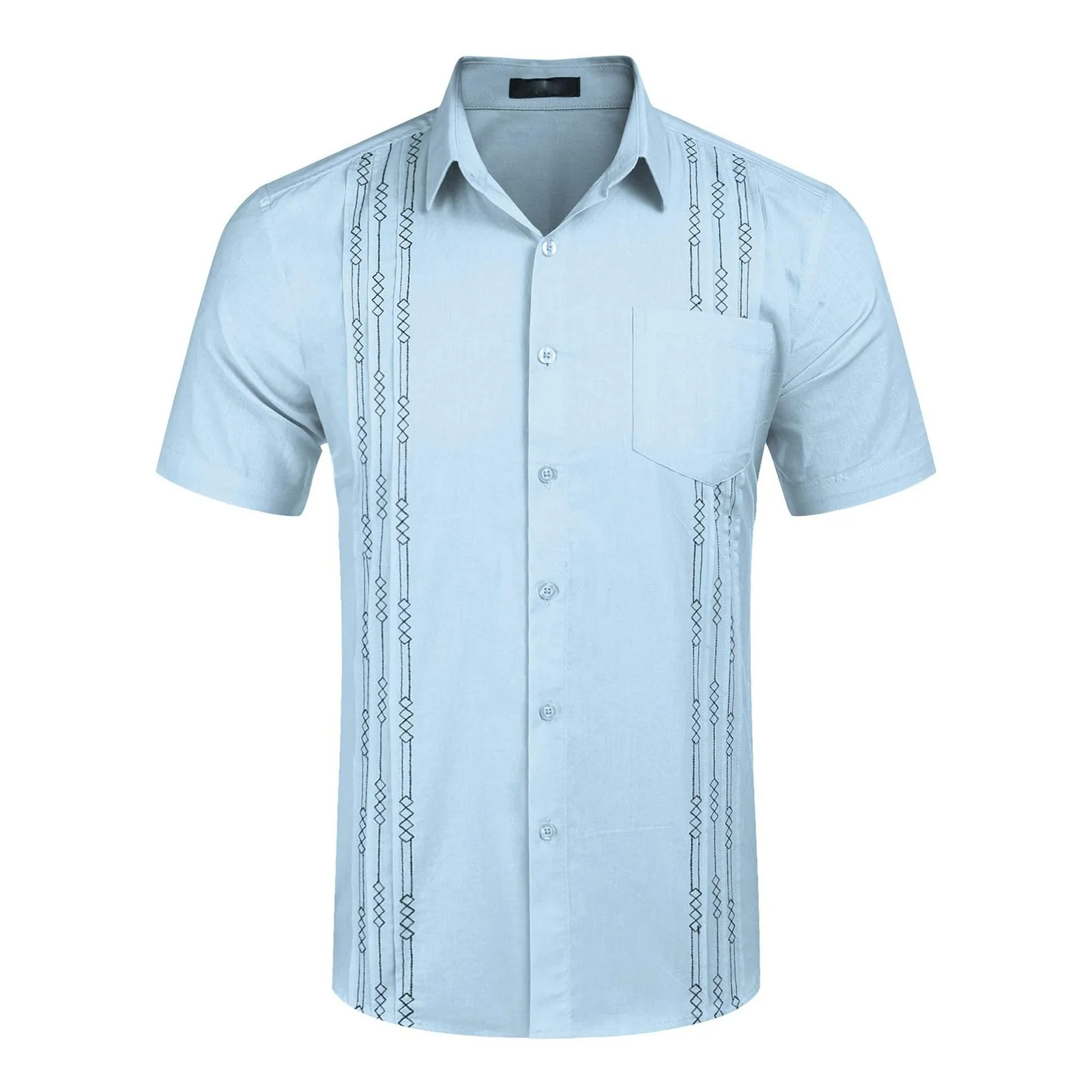 Men\'s Short Sleeve Linen Shirt Cuban Beach Tops Pocket Guayabera Shirts Outdoor Apparel