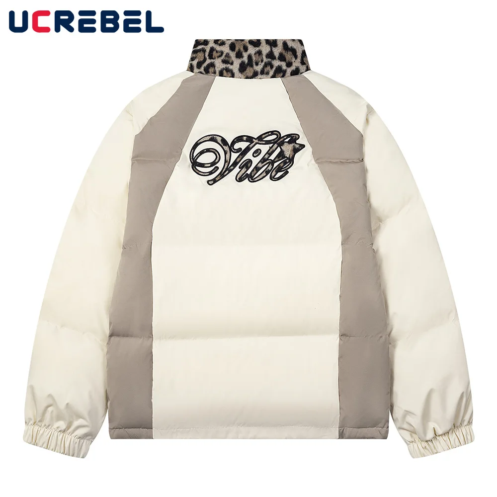 Chaqueta acolchada con bordado de letras para hombre, chaqueta de pan de manga larga con paneles de contraste, cuello levantado grueso, dobladillo con cordón, invierno