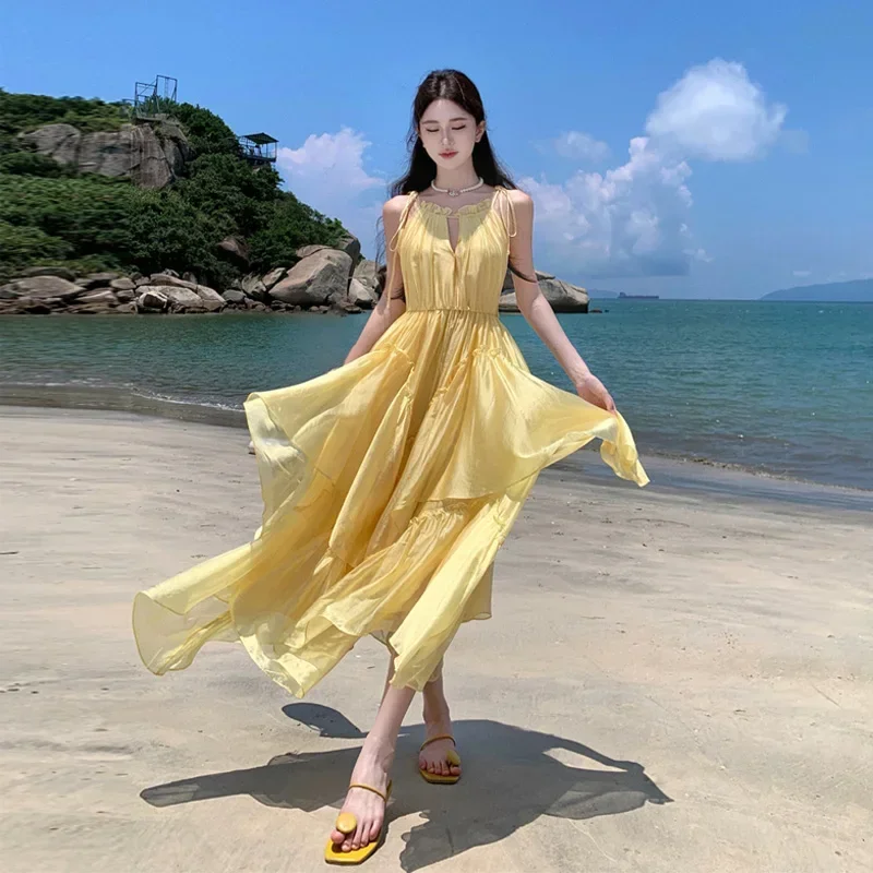 2024 New Long Elegant Lolita Holiday Dresses O-Neck Ladies Strappy Vacation Dress Summer Slim Graceful Women Yellow Sundress