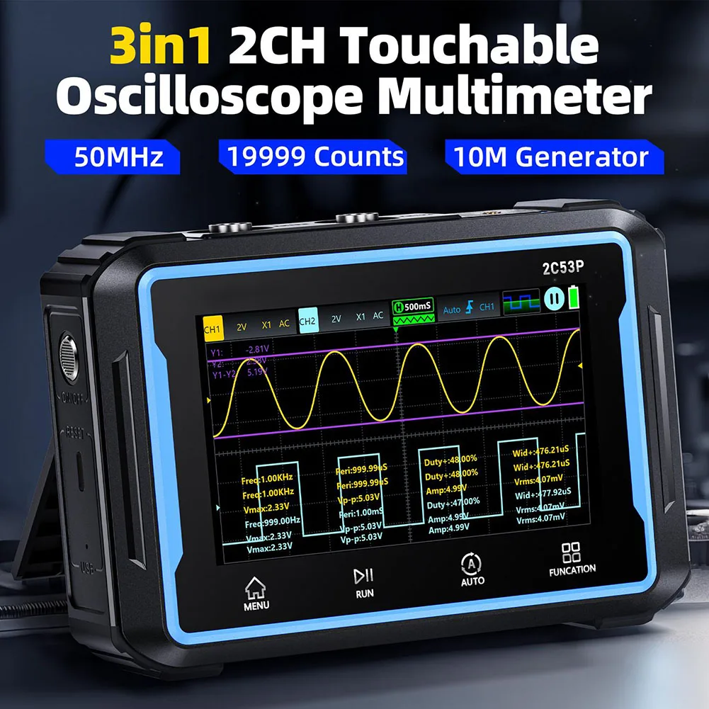 

For FNIRSI 2C53P 3 In 1 Digital Handheld Oscilloscope Multimeter Signal Generator Touch Screen 2 Channels 50MHZ 250Ms/S