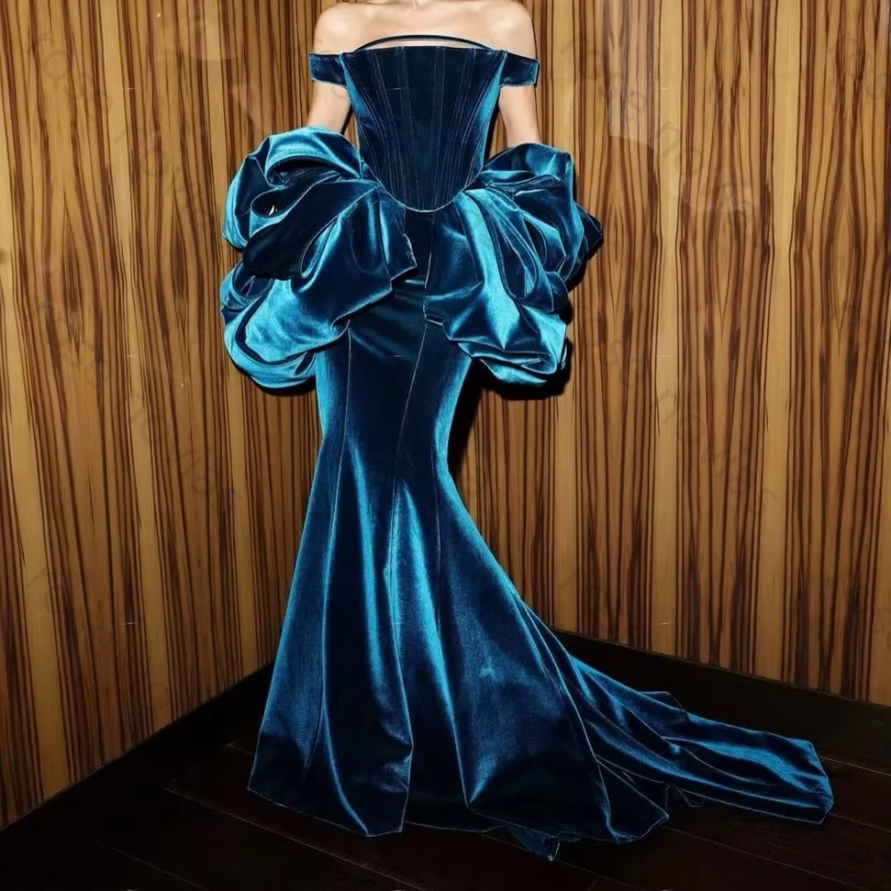 

Customized Blue Velour Evening Dress off the Shoulder A-line for the Floor-Length High Quality for Bespoke Occasion Party Dress