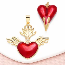 OCESRIO Trendy Crystal Red Enamel Big Heart Pendant for Necklaces Copper Gold Plated Wings Jewelry Making Component pdtb812