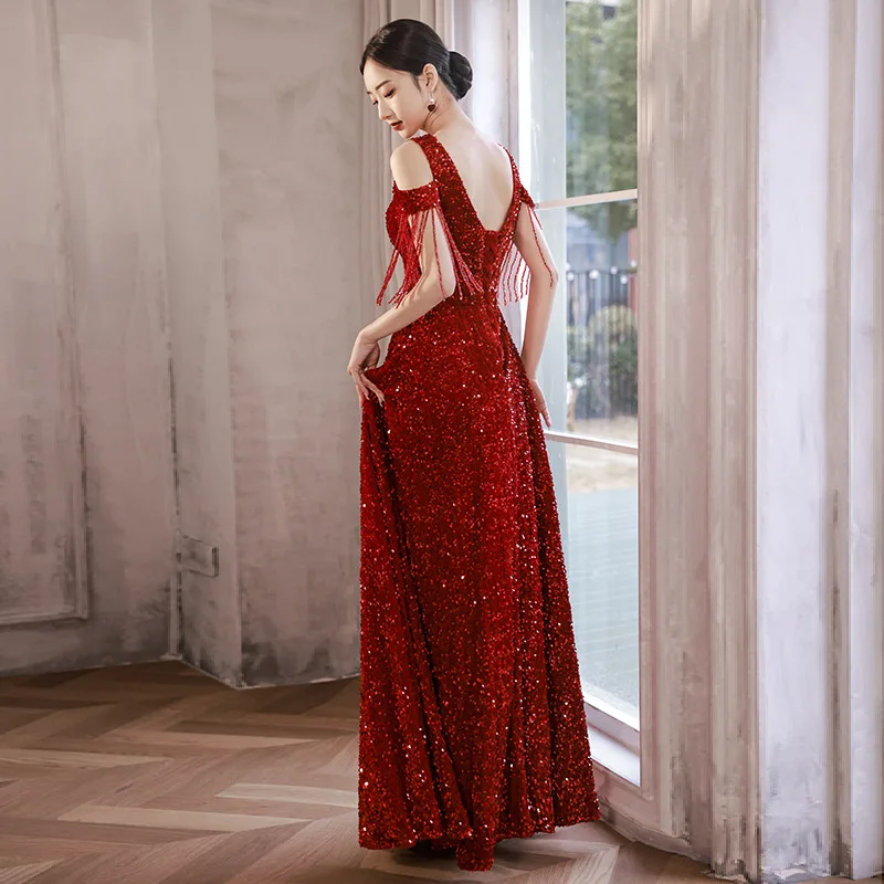 Burgundy Sequined Evening Dress V-Neck Off The Shoulder Tassel Long Party Dresses Female Backless Elegant Banquet Vestidos