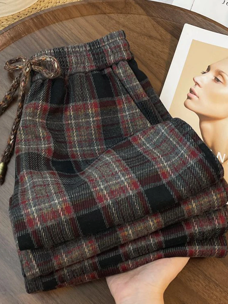 Ropa de calle Retro, pantalones a cuadros para mujer, pantalones rectos holgados de Hip Hop con cordones, pantalones de pierna ancha informales Vintage Harajuku Bf de cintura alta