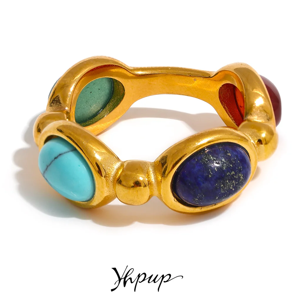 Yhpup Stainless Steel Colorful Natural Stone Agate Cast Vintage Charm Ring Fashion 316l Jewelry for Women Textured Gift