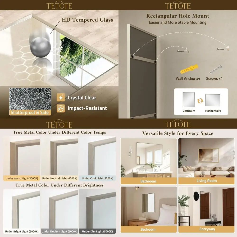 

Зеркало для ванной 48x24 дюйма из закаленного стекла со скошенными краями, подходит для зоны умывальника, прочное и стильное