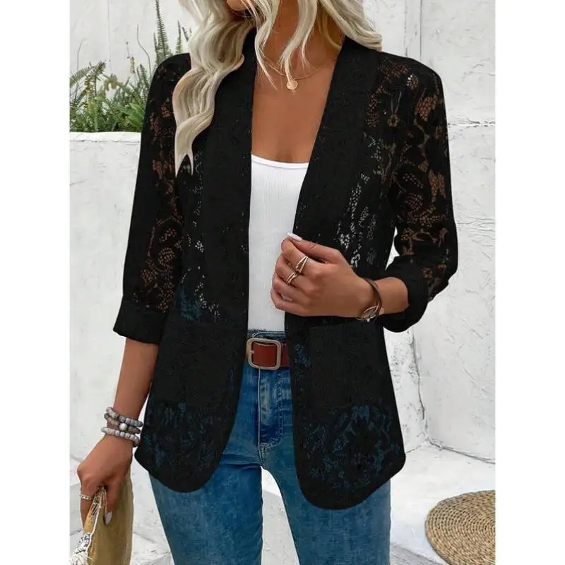 

Svel Lace Front Open Sle Jaet Suit Transparent Design Casual Sportswear ort Pants Autumn Season Seven Sve T-irt