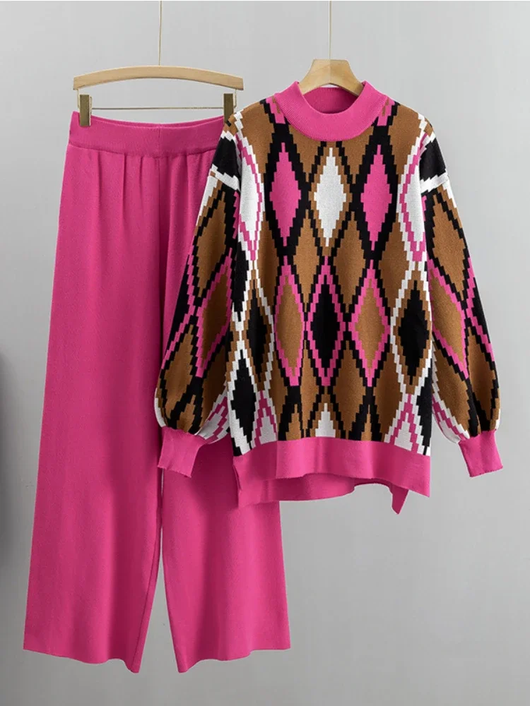 Loose Oversized Wide Leg Pants Sets Women Fashion Woman Blouse 2026 2 Piece Knitted Lattice Stripe Tracksuit Women Two Piece Set