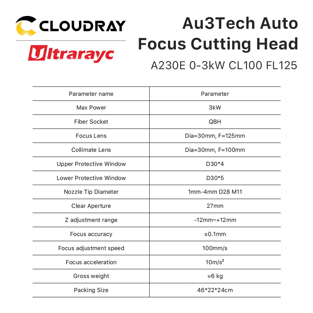 Cloudray AU3TECH A230E Faser Laser Schneiden Kopf mit D30 Objektiv Gruppe Design Max Power 3kW für Metall Schneiden Faser Maschine