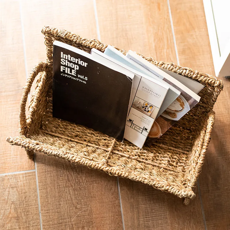 Hand-woven seaweed vertical magazine rack, living room floor-to-ceiling small bookshelf, storage rack