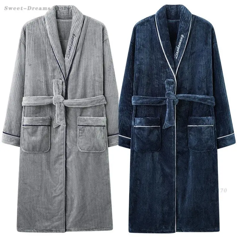Big Size 3XL 4XL Kimono Shower Robe for Men Autumn Winter Warm Bathrobe Gown Soft Flannel Home Clothes with Pocket Nightgown