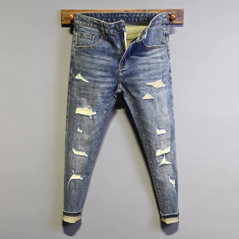 

Мужские джинсы Street Designer Fashion: ретро-стиль, синие, стрейч, зауженный крой, с вышивкой и нашивками, рваные, винтажные, Y2K, джинсовые брюки