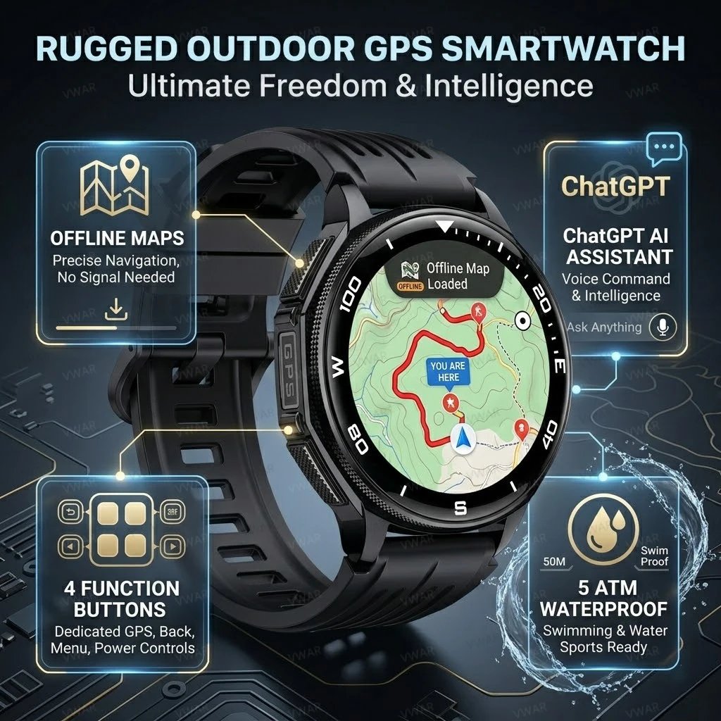 Offline Maps GPS Smart Watch Vwar T-rex 3 Mate 5ATM Waterproof 4 Function Buttons Sports Smartwatch Men ChatGPT for Android IOS