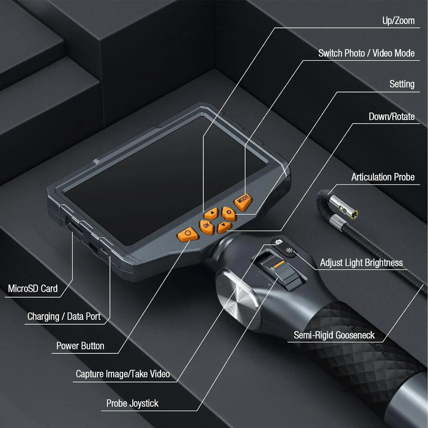 TESLONG TD500 6.5MM podwójny obiektyw boroskop przegubowy 2.0MP 5 Cal IPS dwukierunkowy 360 ° kamera endoskopowa kierownicy z WIFI