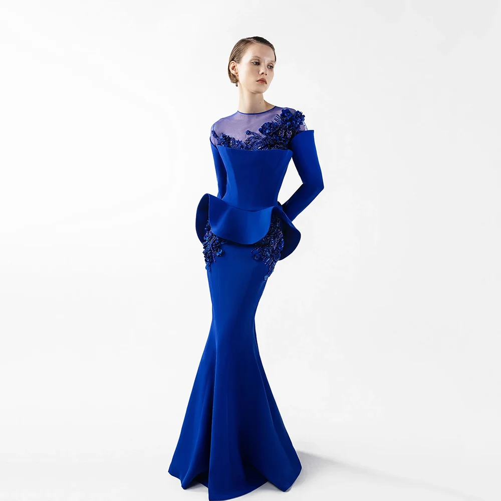 

Fashion Applique Blue Ruffle Mermaid Sweep Train Women's O-neck Long Sleeve Prom Gowns Customized 2026 Evening Dress Long