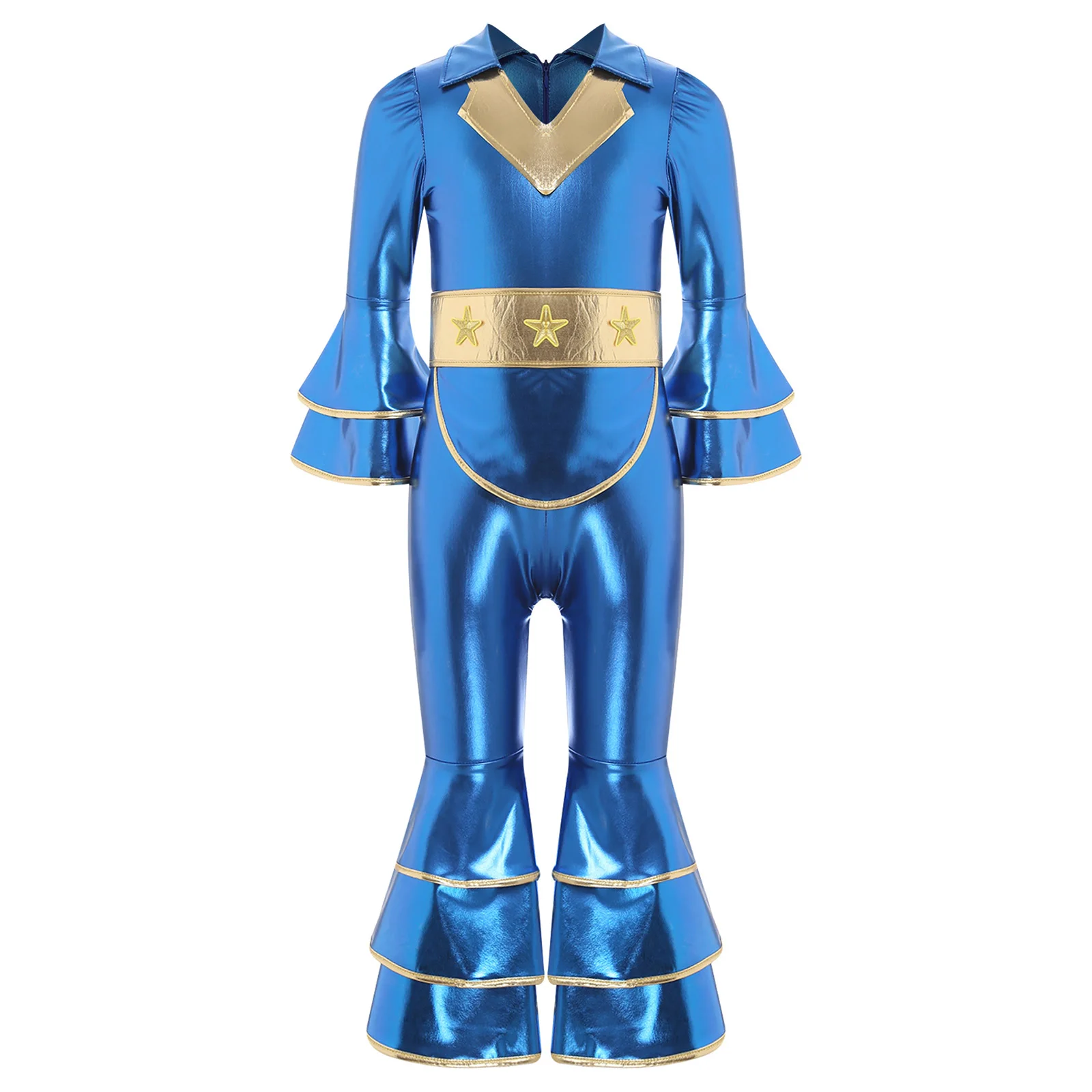 

Kids Dynamic 70s Disco Dance Costume Turn Down Collar Gold Accent Belt Statement Jazz Jumpsuit for Music Festival Theme Events