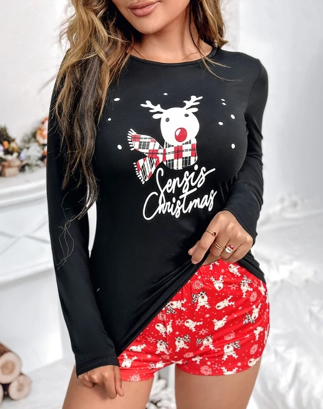 

Womens Two Piece Sets Outfit Christmas Reindeer Print Bowknot Decor Pajama Set 2023 Autumn Winter Spring New Fashion Casual Home