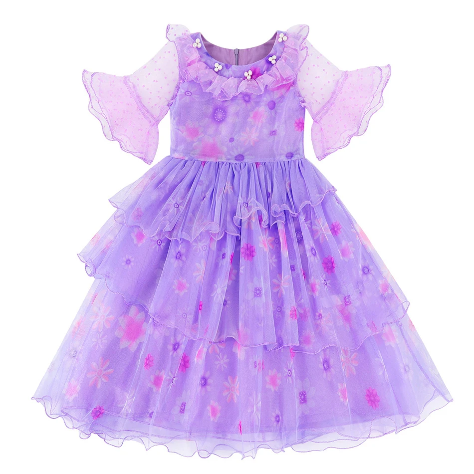 Encanto Birthday Charm Isabela Costume Girl Disney Princess Cosplay Costume Kids Purple Layered Print Frocks Elegant Gowns