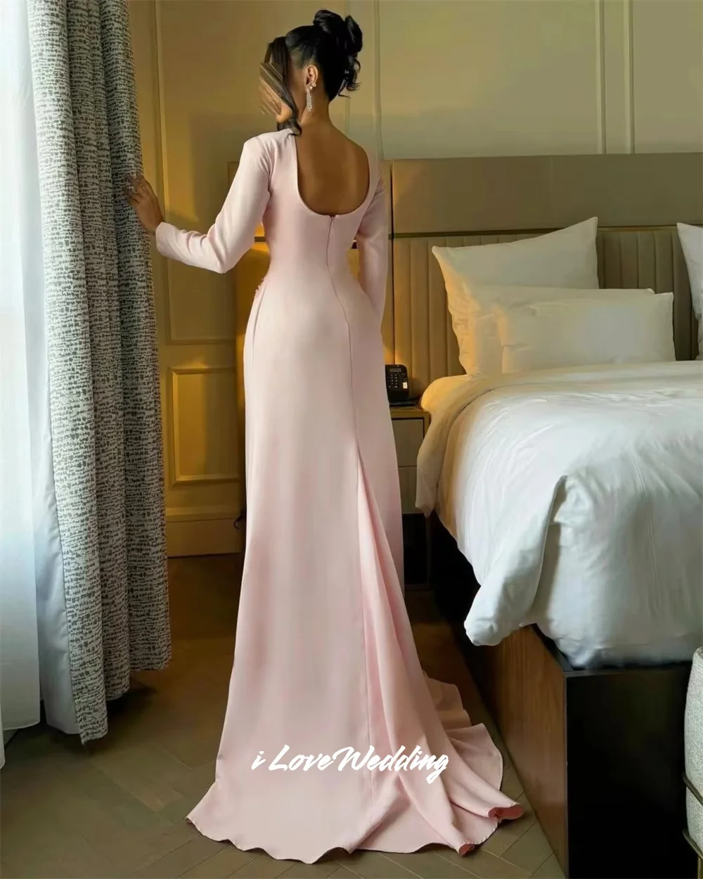 Rosa o-pescoço 3d flor vestidos de baile cetim manga longa sem costas a linha até o chão plissado moderno arábia saudita dubai personalizado